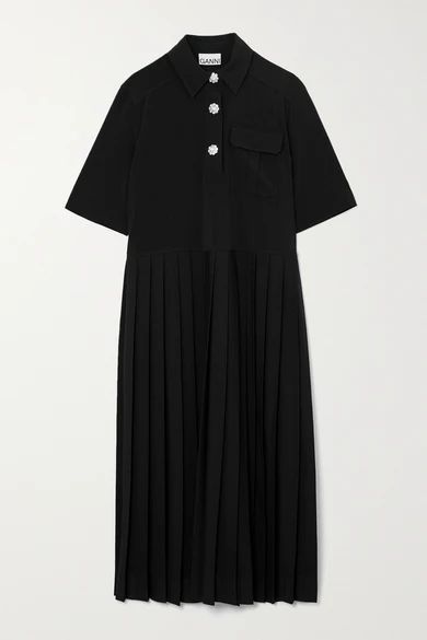 Crystal-embellished Pleated Woven Midi Shirt Dress - Black