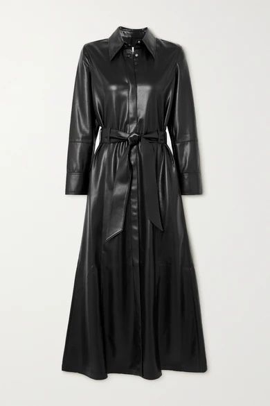 Asayo Belted Vegan Leather Midi Shirt Dress - Black