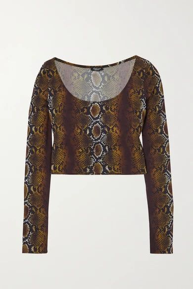 Cropped Snake-print Stretch-crepe Top - Brown