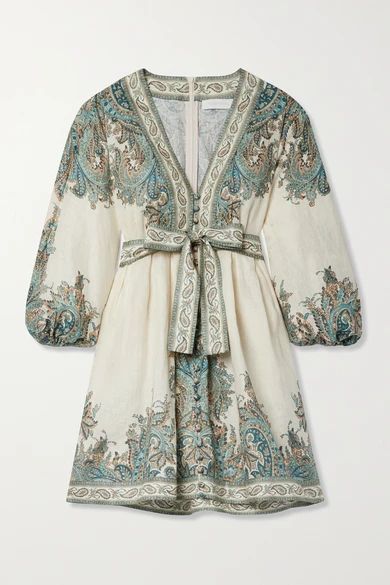 Brighton Belted Paisley-print Linen-voile Mini Dress - Turquoise