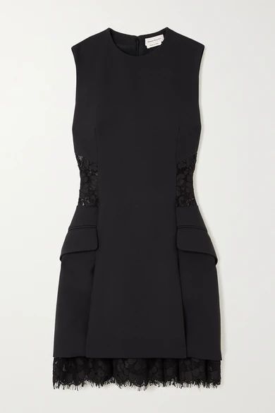 Wool-blend Crepe And Corded Lace Mini Dress - Black