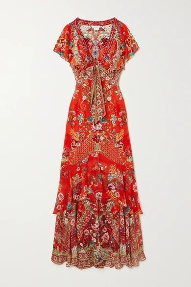 Crystal-embellished Tie-front Ruffled Floral-print Silk Crepe De Chine Maxi Dress - Red