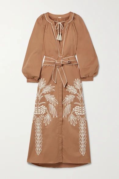 + Net Sustain Expedition Belted Embroidered Stretch Cotton-blend Poplin Midi Dress - Camel