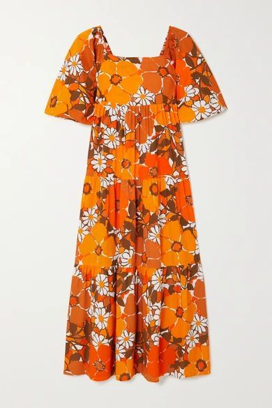 + Net Sustain Kiona Tie-detailed Tiered Floral-print Voile Midi Dress - Orange