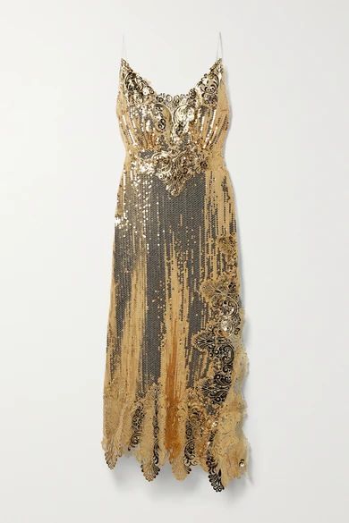 Asymmetric Metallic Guipure Lace-trimmed Sequined Georgette Midi Dress - Gold