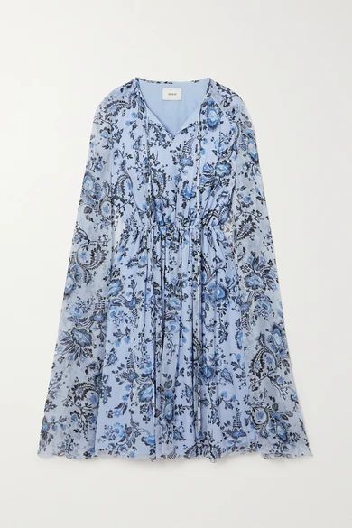 Austin Cape-effect Floral-print Silk-voile Mini Dress - Light blue