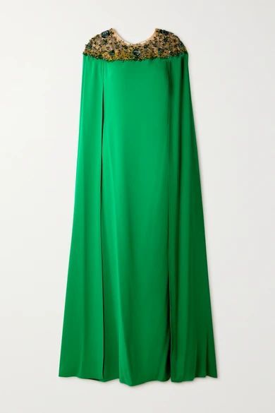 Cape-effect Embellished Tulle And Crepe Gown - Green