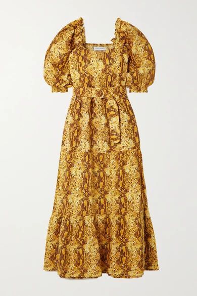 + Net Sustain Rumi Belted Tiered Snake-print Linen Midi Dress - Yellow