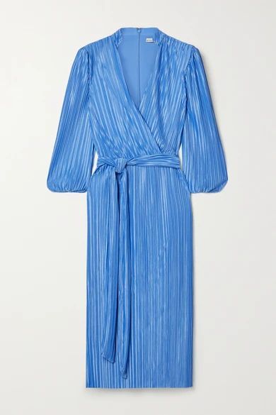 Katina Belted Wrap-effect Plissé-satin Midi Dress - Blue