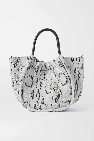 Small Ruched Snake-effect Leather Tote - White