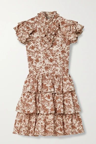Kyra Tiered Ruffled Floral-print Cotton-poplin Mini Dress - Beige
