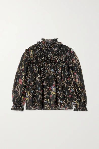 Ruffled Shirred Floral-print Silk And Wool-blend Chiffon Blouse - Black