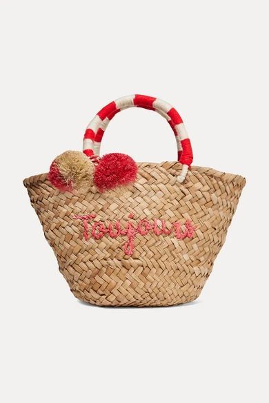 St Tropez Mini Pompom-embellished Embroidered Woven Straw Tote - Neutral