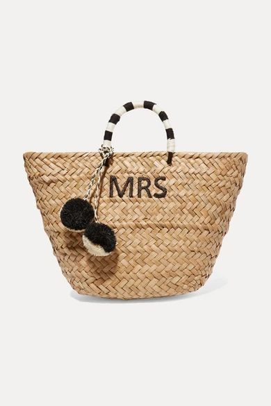 St Tropez Pompom-embellished Embroidered Woven Straw Tote - Neutral
