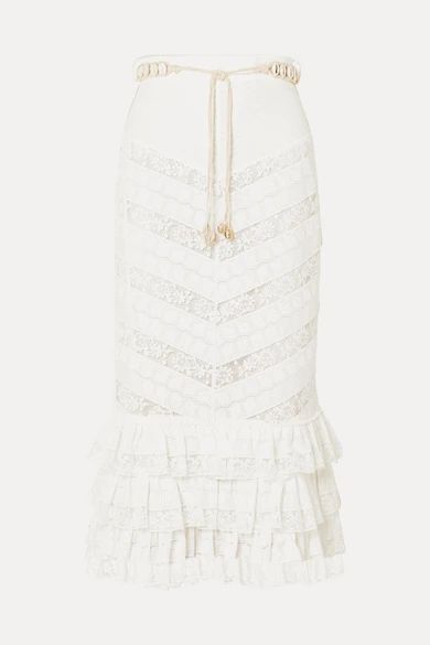 Veneto Perennial Ruffled Broderie Anglaise Gauze And Lace Skirt - Ivory