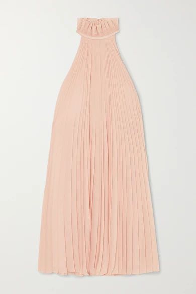 Satin-paneled Ruffled Pleated Silk-georgette Halterneck Mini Dress - Pink