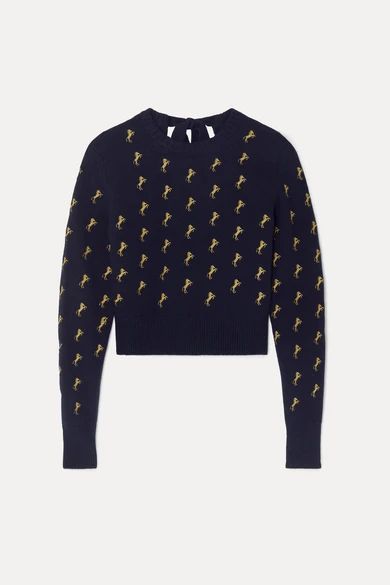 Embroidered Wool-blend Sweater - Navy