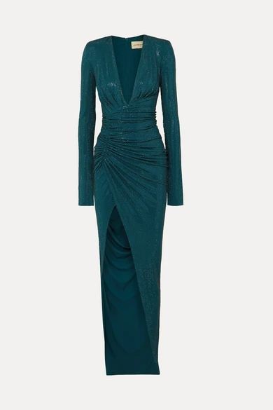 Crystal-embellished Ruched Stretch-crepe Gown - Petrol