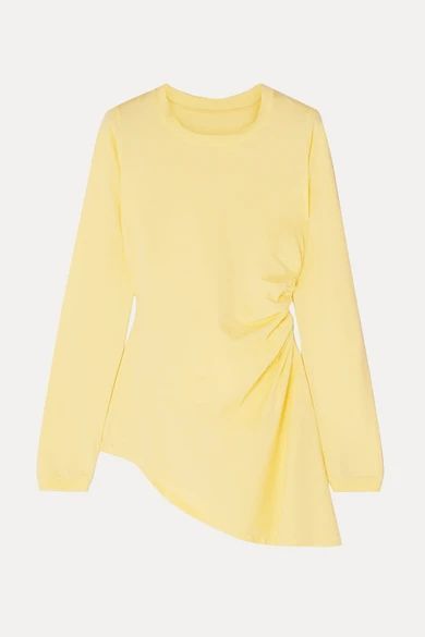 Asymmetric Ruched Cotton-jersey Top - Pastel yellow