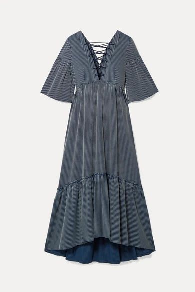 La Bohème Lace-up Striped Cotton-blend Maxi Dress - Navy