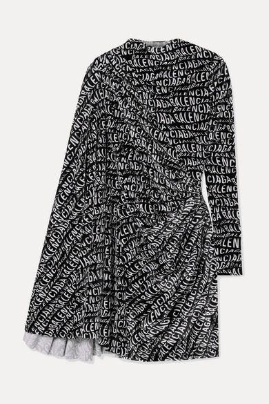 Draped Printed Stretch-velvet Mini Dress - Black