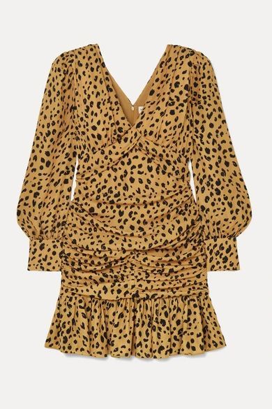 Ruched Ruffled Leopard-print Silk-crepe Mini Dress - Leopard print