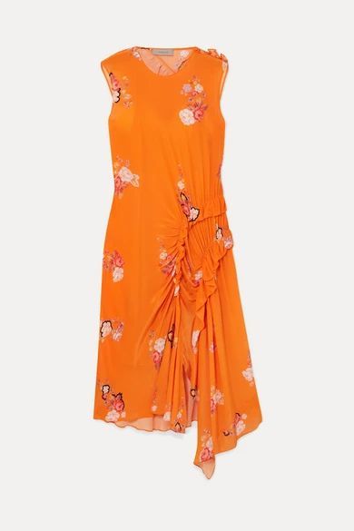 Antoinette Asymmetric Ruffled Floral-print Crepe De Chine Dress - Orange