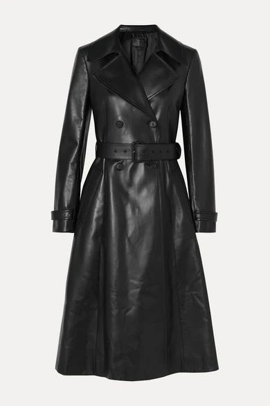 Double-breasted Leather Trench Coat - Black