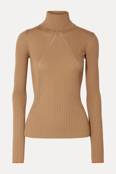 Paneled Ribbed Wool Turtleneck Sweater - Camel