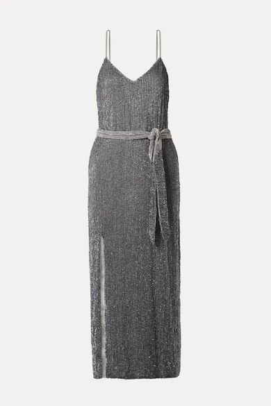 Rebecca Velvet-trimmed Sequined Chiffon Midi Dress - Gray