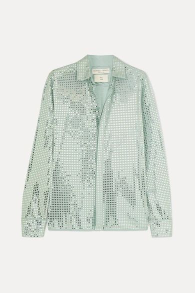 Paillette-embellished Satin-jersey Shirt - Gray green