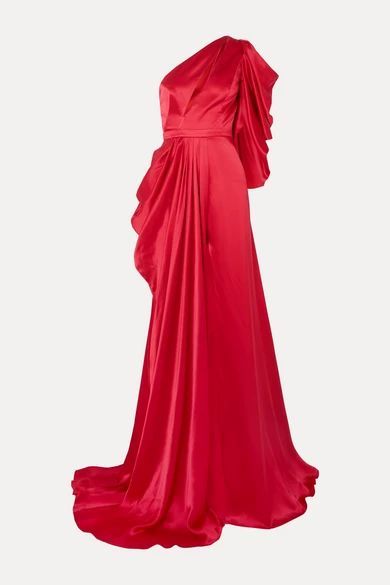 Evelyn One-shoulder Draped Silk-satin Gown - Red