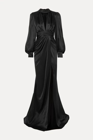 Portia Gathered Silk-satin Gown - Black