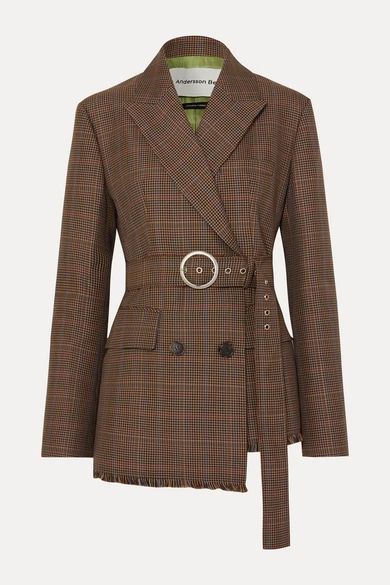 Oversized Belted Checked Wool-blend Tweed Blazer - Brown