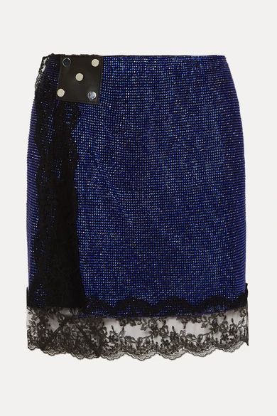 Lace-trimmed Crystal-embellished Chainmail Mini Skirt - Blue