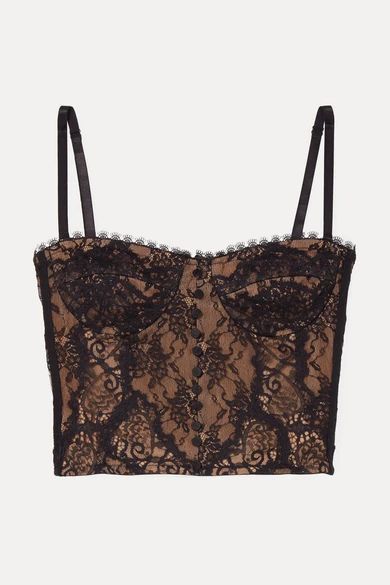 Cropped Satin-trimmed Lace Bustier Top - Black