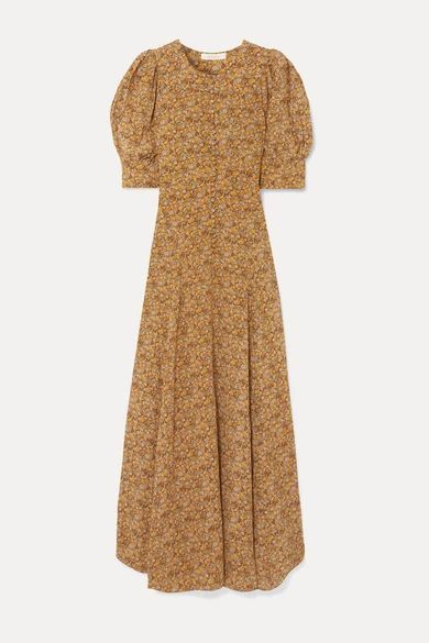 Laurel Asymmetric Floral-print Silk Crepe De Chine Maxi Dress - Mustard