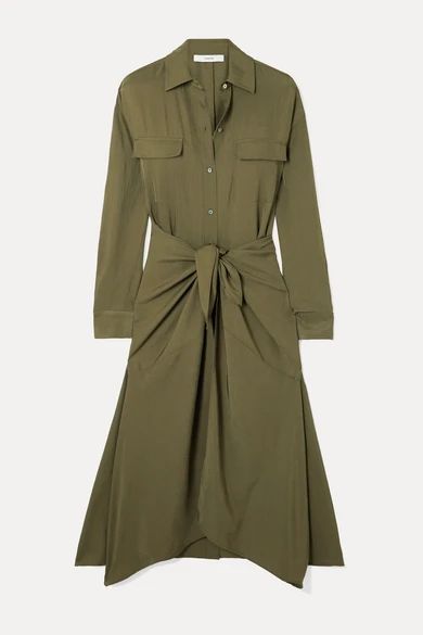 Tie-front Crinkled-satin Midi Dress - Army green