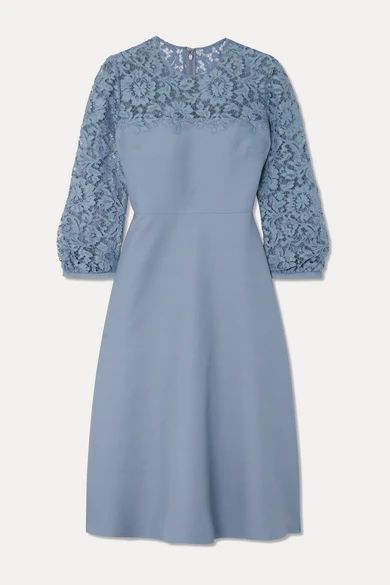 Guipure Lace-trimmed Wool And Silk-blend Crepe Midi Dress - Blue