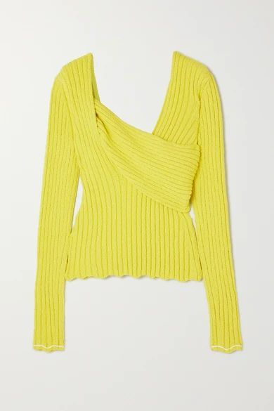 Paneled Ribbed Cotton-blend Bouclé Sweater - Yellow