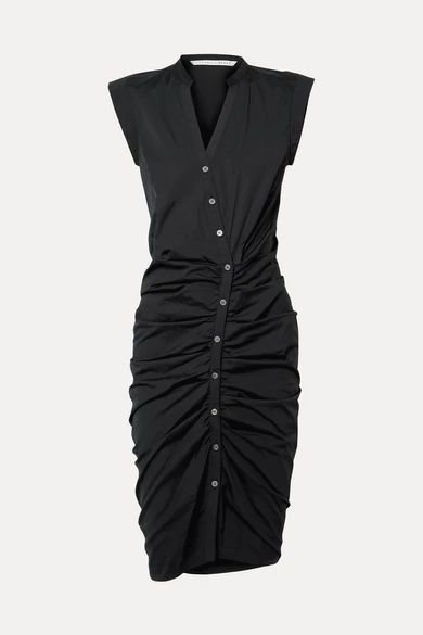 Ruched Stretch-cotton Poplin Midi Dress - Black