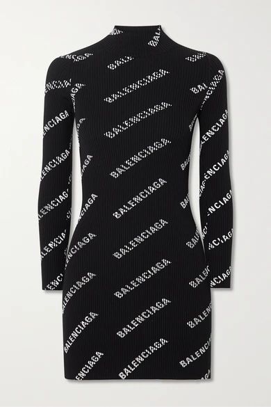 Printed Ribbed-knit Mini Dress - Black