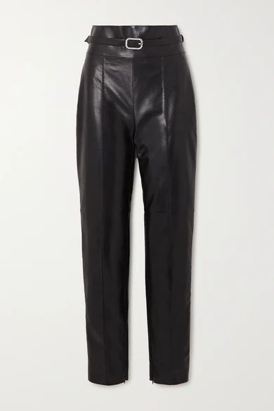 Crystal-embellished Belted Leather Straight-leg Pants - Black