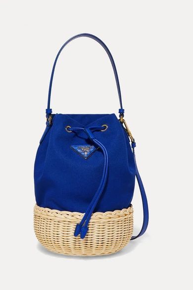 Giardiniera Leather-trimmed Canvas And Wicker Shoulder Bag - Blue