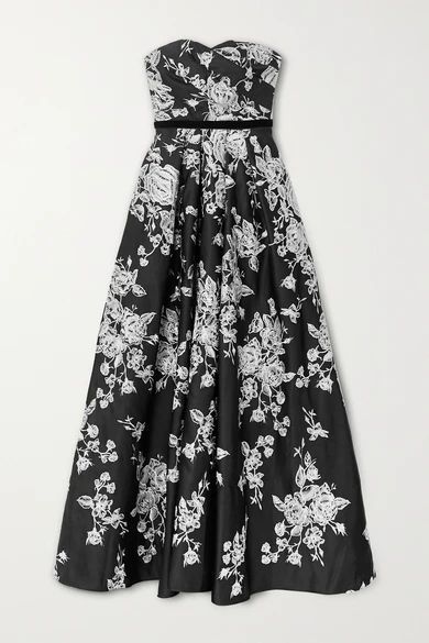 Strapless Velvet-trimmed Embroidered Duchesse-satin Gown - Black
