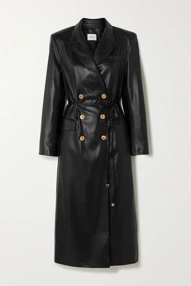 Malina Belted Vegan Leather Trench Coat - Black
