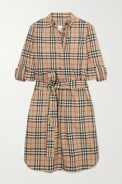 + Net Sustain Belted Checked Cotton-blend Poplin Mini Dress - Beige