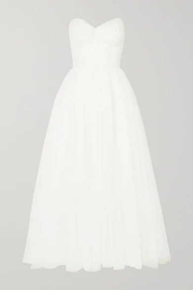 Brie Strapless Ruched Swiss-dot Tulle Gown - Ivory