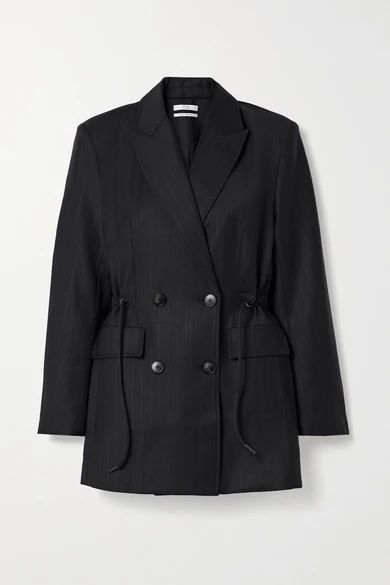 Double-breasted Pinstriped Wool-blend Blazer - Black