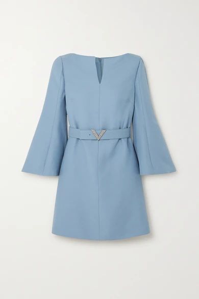 Crystal-embellished Belted Wool And Silk-blend Crepe Mini Dress - Blue
